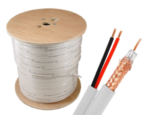 Various types of telecommunications copper cables including insulated and shielded designs are displayed along with a spool of cable