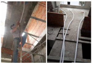 Copper pipes installation and layout during building construction illustrating ống đồng công trình